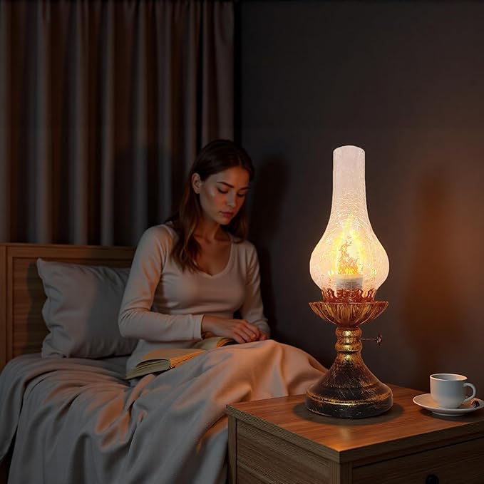 Vintage Table Lamp - 3 Modes Dimmable Retro Rustic Desk Lamp with Crackle Glass Shade, Antique Victorian Style, E26 Bulb Included, Ideal for Bedroom, Living Room, Home Decor (Transparent-Gold)