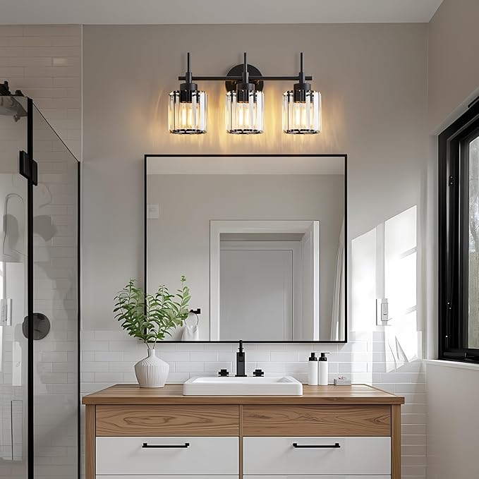 3 Light Crystal Vanity Light, Bathroom Lighting Fixtures Over Mirror Black Crystal Wall Light Bath Wall Lighting Modern Bath Wall Sconce Lighting for Bedroom Living Room