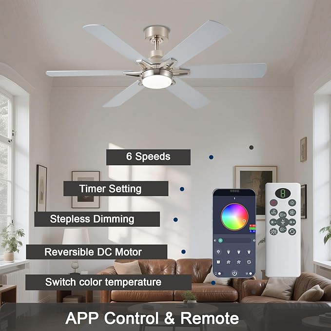 52in Ceiling Fans with Lights RGB Ceiling Fan with Light and Remote/APP Control,Low Profile Ceiling Fans with Lights for Bedroom,Living Room,Kids Room,3CCT Dimmable Modern Ceiling Fan, 6 Speeds,Nickel