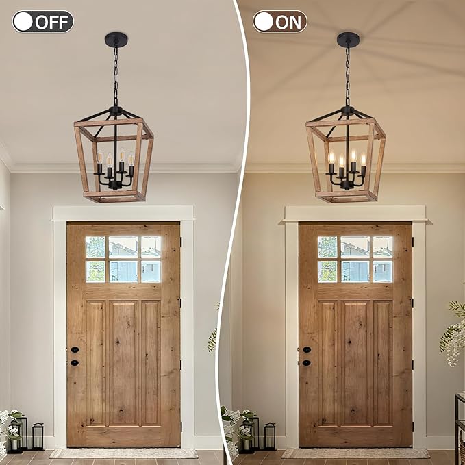 4 Light Farmhouse Chandelier, Lantern Ceiling Light Fixture with Brushed Rustic Wood Metal Cage and Adjustable Chain, E12 Base Geometric Hanging Lights for Dining Room Kitchen Island Entryway, Indoor