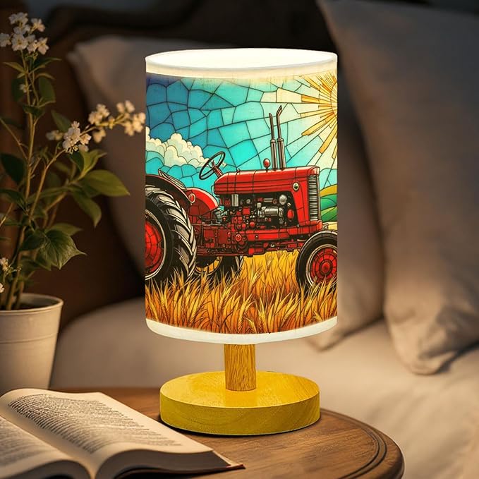 Tractor Table Lamp LED 3-Color Pressed Bedside, Tractor Shade Lamp with Wood Base for Bedroom Living Room Desk Office TL01