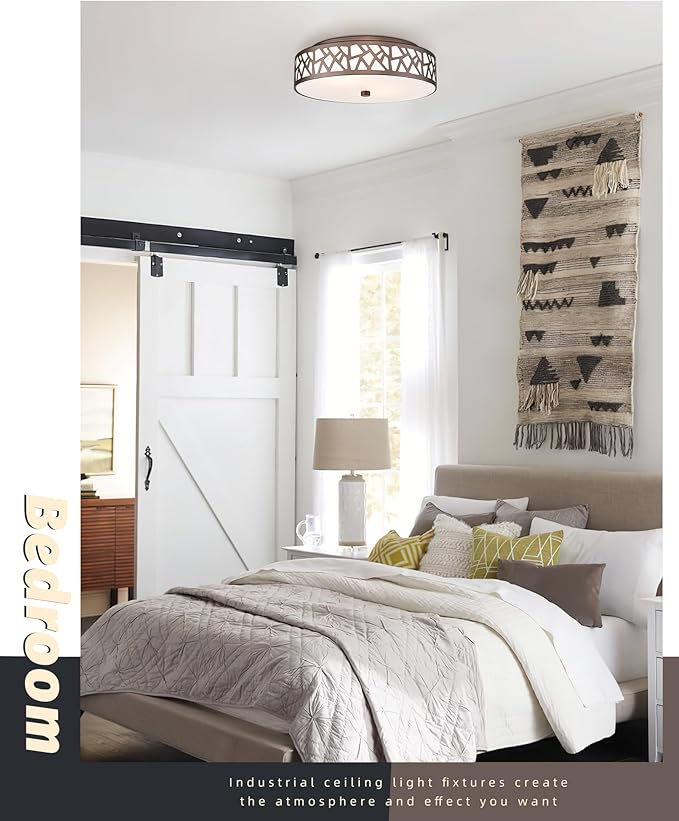 12 Inch Flush Mount Ceiling Light, 2 - Light Vintage Ceiling Lights Fixture with Frosted Glass Shade, Oil Rubbed Bronze Light Fixture for Hallway Corridor Kitchen Bathroom Bedroom Passway