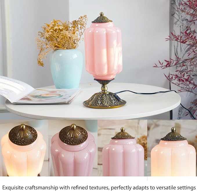 Vintage Pink Glass Touch Table Lamp, Elegant Milk Glass Bedside Desk Lamp 3 Way Dimmable with USB C+A Charging Ports - Bedroom Nightstand & Living Room Essential, 4W Bulb Included (Pink, 6.5)