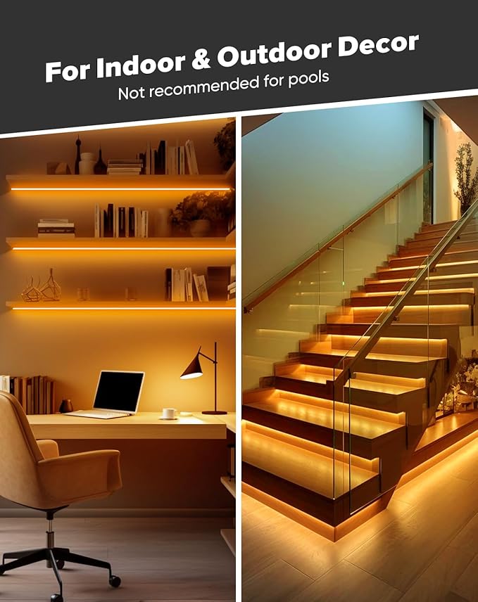 Shine Decor COB LED Rope Light AC 120V, 800lm Ultra Bright, IP65 Waterproof Cold-Resistant ETL Neon Strip, No Driver Tape Lighting for Home Commercial 10x4.5mm, Amber, 16.4ft