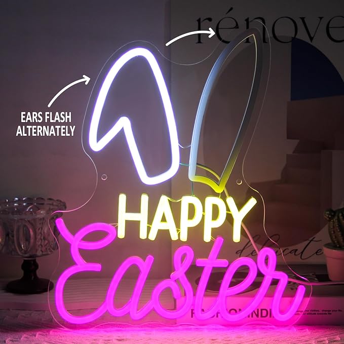 Happy Easter Neon Sign for Wall Dimmable Bunny LED Light Sign for Bedroom Kids Room Pink White Rabbit Decor Easter Lights for Holiday Party Supplies Cute Animal Night Light Gift 15" x 12.6"
