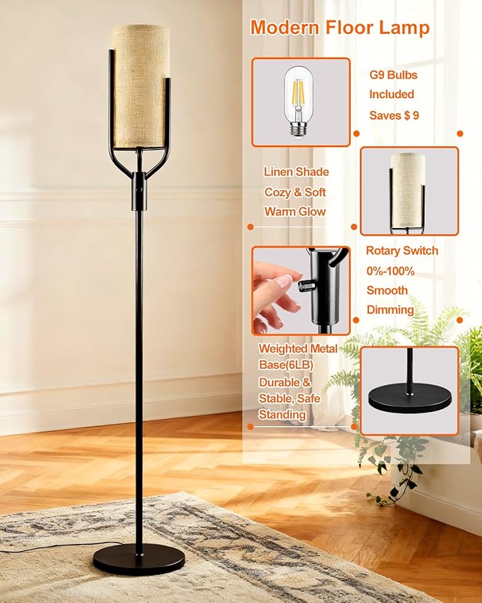 64.6IN Black Floor Lamp - Dimmable LED Floor Lamp with Linen Shade, 3000K Soft Warm White | Bulbs Included | Modern Tall Lamp for Living Room, Bedroom, Wedding & Party