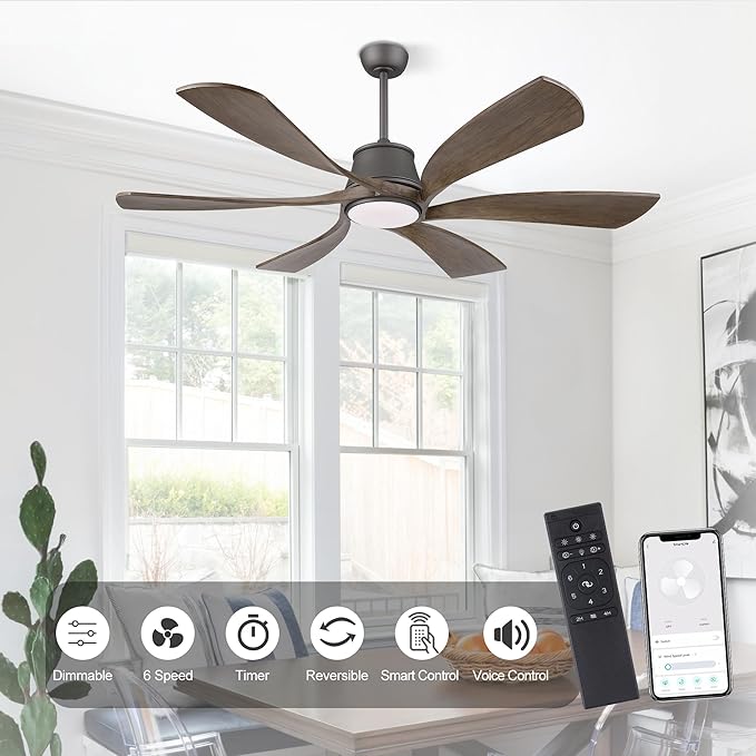 WINGBO 60" Smart Ceiling Fan with Light, Dimmable LED Light, 6-Speed Remote/APP/Voice Control, Solid Blades Fan for Bedroom/Living Room/Shop Compatible with Alexa or Google Assistant Wood Color
