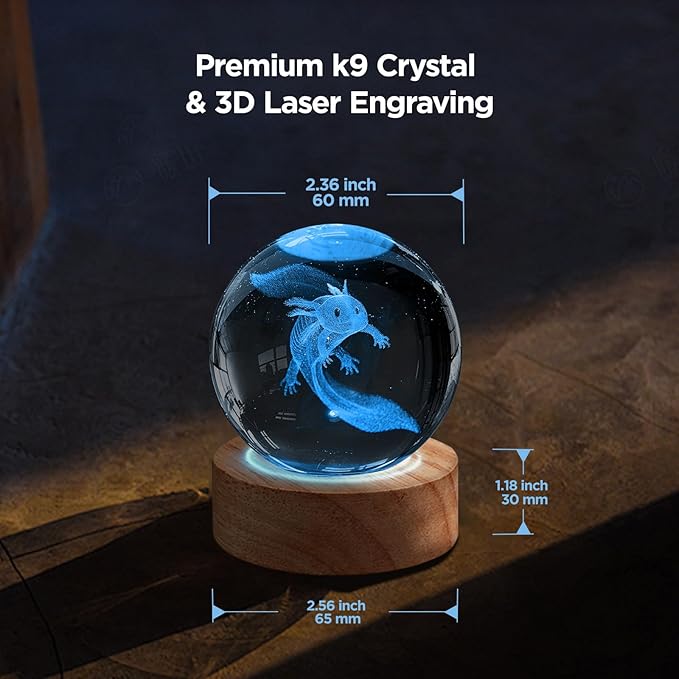 3D Crystal Ball Night Light with 16 Colors - Unique 60mm Axolotl Figurine Glass Ball Lamp with Remote - Cool Axolotl Toy, Room, Desk Decor - Birthday & Christmas Gifts for Boys, Girls, Kids & Friends