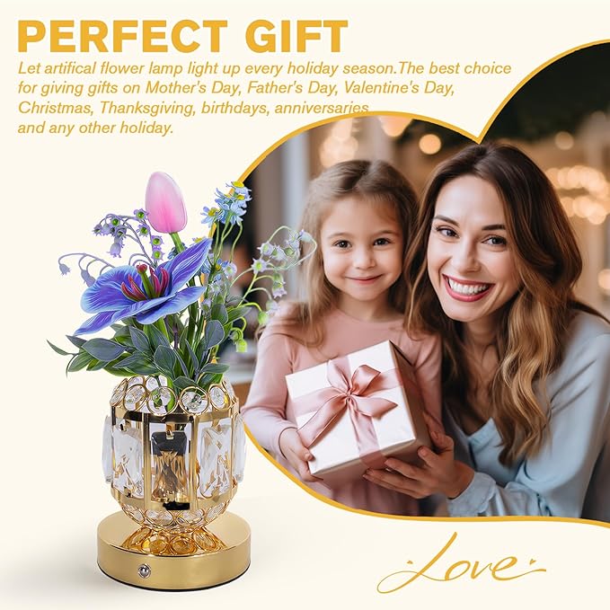 Flower Table Lamp, 3-Color Dimmable Tulip Artificial Flowers Night Light, Rechargeable Cordless Small Lamp, Ambient Light with Crystal Vase for Party Home Desk Decorations (Purple Blue - Flower)