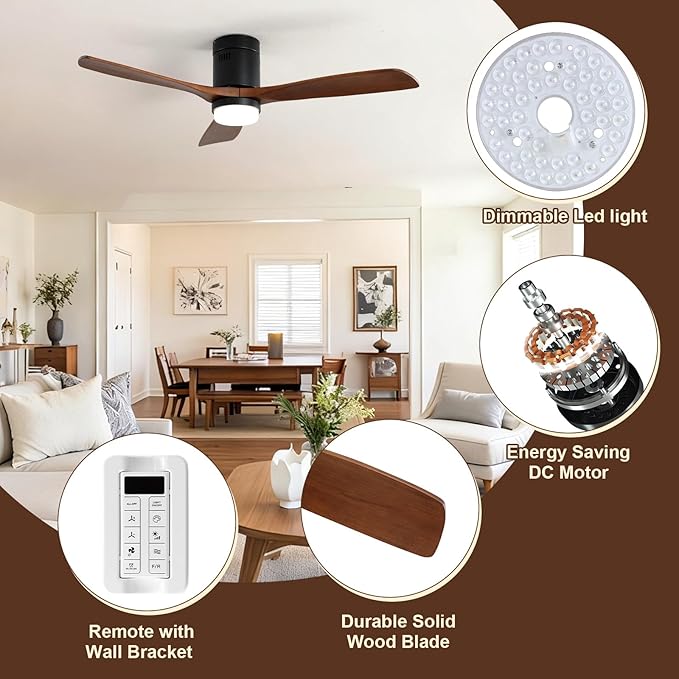 Sofucor 52 Inch Smart Ceiling Fans with Lights, Flush Mount Ceiling Fan with Lights Remote Control, Work with Alexa/Google/App, Quiet DC Motor, 3 Blade Solid Wood Ceiling Fan for Bedroom Kitchen Patio
