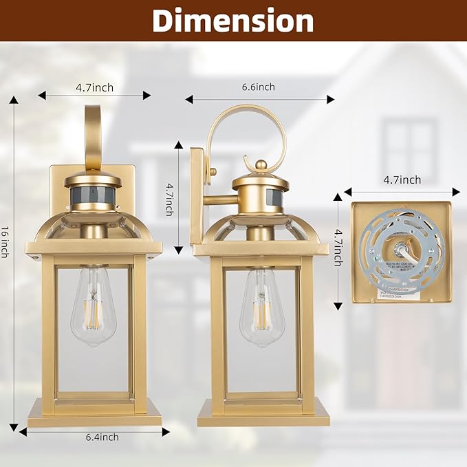 Gold Motion Sensor Outdoor Light Fixtures Dusk to Dawn 2-Pack, 16 Inch Brass Outdoor Wall Sconces Photocell Outside Lights for House Front Porch Lights Carriage Coach Lights Courtyard