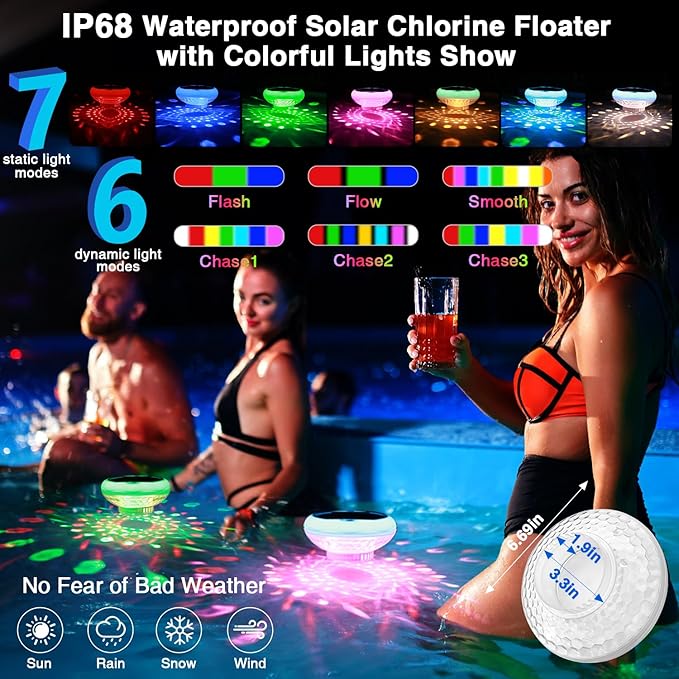 Solar Pool Chlorine Floater with Colorful Lights(2 Pack), 2600mAh Adjustable Release Easy-Open Chlorine Floater Dispenser, 6.69 Inch 13 Colors IP68 Waterproof Pool Chlorine Dispenser for Pools