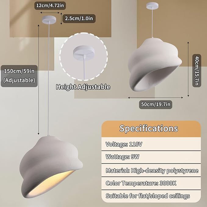 JAYMP Wabi Sabi Pendant Light for Dining Room Kitchen Island Hallway Restaurant Modern Hanging Lamp E26 Base Japanese Style Conch Shape Lighting Fixture, Matte White, 50cm/19.7in