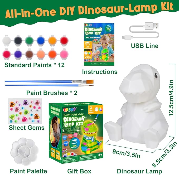 EPUMP Paint Your Own Rechargeable Easter Gifts Dinosaur Lamp Kit with 8 Color Modes - Arts and Crafts for Kids Age 4-8, Art Supplies Birthday Gifts Creative Activities Toys for Boys Girls Ages 3-12