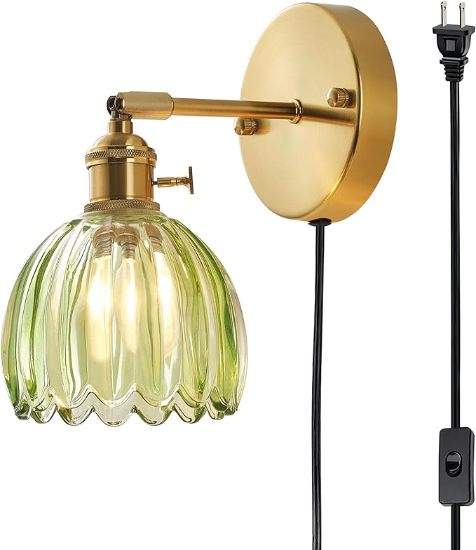 Plug in and Hardwired Wall Sconces, Luxury Vintage Tulip Crystal Glass Shade Wall Light with Switch for Bedside Bedroom Living Room (Tulip-Green, 1)