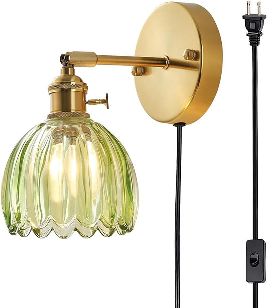 Plug in and Hardwired Wall Sconces, Luxury Vintage Tulip Crystal Glass Shade Wall Light with Switch for Bedside Bedroom Living Room (Tulip-Green, 1)