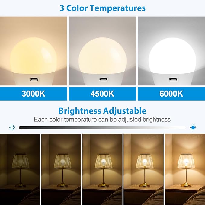 E26 Rechargeable Light Bulbs with Remote Control, Battery Operated A19 Light Bulb for Lamps, Dimmable, 3 Color Temperatures, Timer, Wireless Light Bulbs Small Size for Sconces, Non-Hardwired 2 Pack
