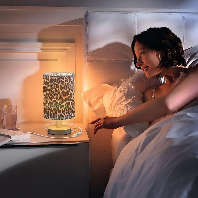 Bedside Table Lamp Leopard Print Nightstand Lamp with Wood Desk Lamps for Bedroom Living Room Nursery Office Home Decor