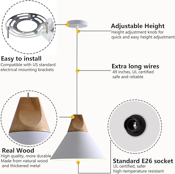 Modern Pendant Light Fixture,Solid Wood Matte White Lampshade Style Ceiling Hanging Lamp,Pendant Lighting for Kitchen Island Dining Room Coffee Bar(White-1 Pack)