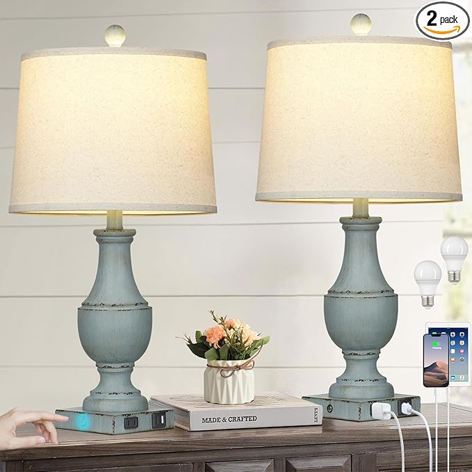 Farmhouse Table Lamps, Rustic 26" Touch Control Bedside Lamps with USB A+C Charging Ports & AC Outlet, Vintage 3-Way Dimmable Traditional Classic Nightstand Lamp for Living Room Bedroom Office Decor