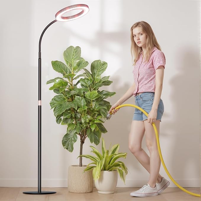 Grow Light Plant Light for Indoor Plants, Full Spectrum Grow Lamp with Pedestal Stand, Automatic Timer for 3H/9H/12H, 10 Dimmable Levels, Height Adjustable 51-67in Black