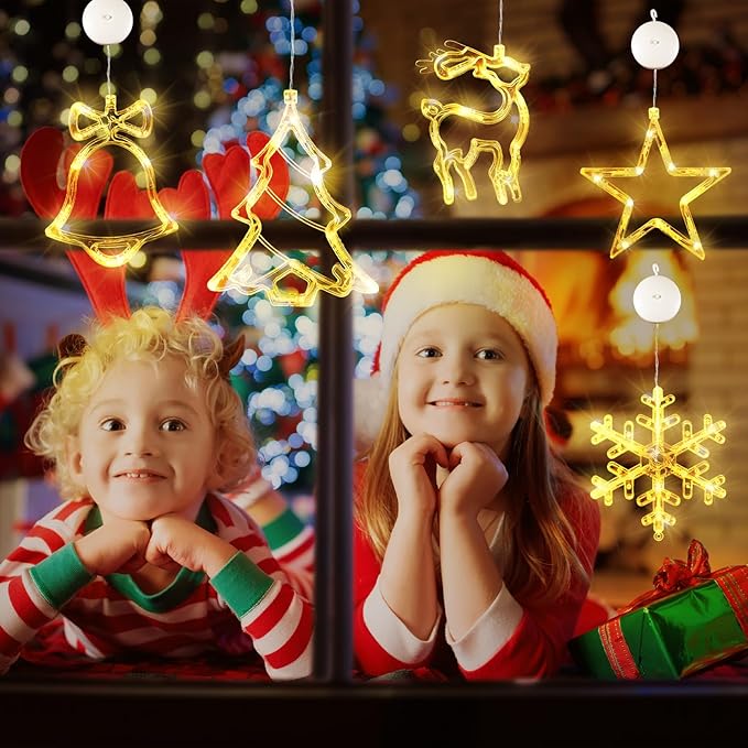 Asaint 5Pcs Christmas Window Lights Decorations,Lighted Bell Tree Reindeer Snowflake Star Battery Operated with Suction Cup for Christmas Window Glass Wall Indoor Decorations Muti-Color (Warm White)