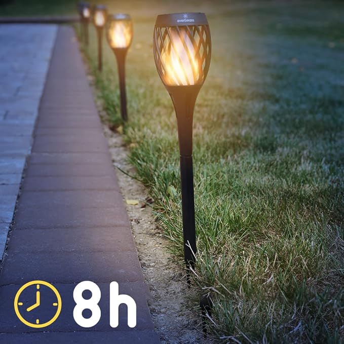 Everbeam P2 Solar Flickering Flame Torch Light - Automatic IP65 Waterproof Solar Tiki Lights with A Stunning Realistic Flame & Distinctive Lampshade - Quick No Tool Installation - 1 Pack