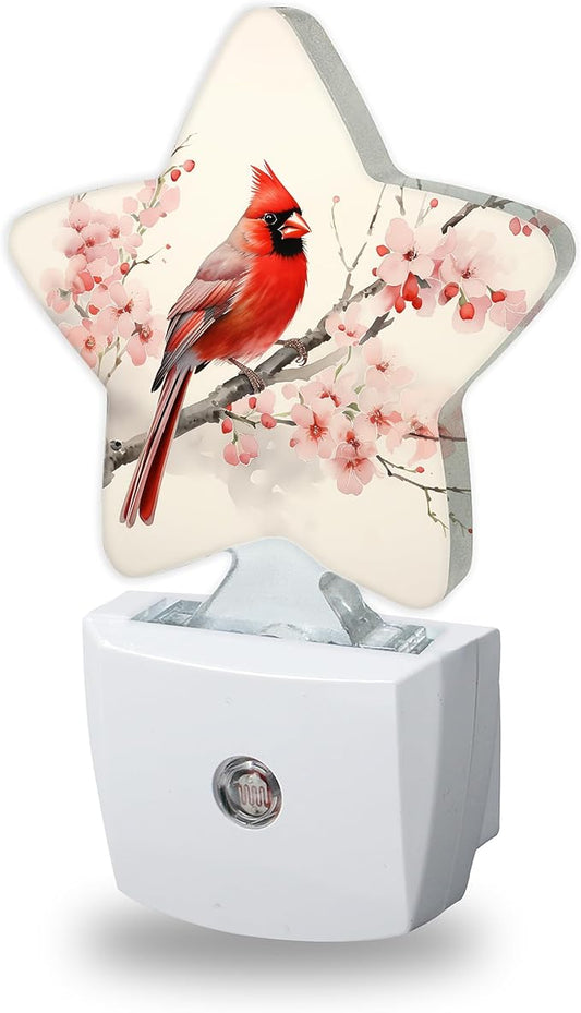 Cardinal Bird Night Lights Plug Into Wall,Spring Peach Blossoom Flowers Dusk to Dawn Light Sensor Night Light for Kids, Energy Efficient Sleep Friendly Lamp for Bedroom Bathroom Nursery
