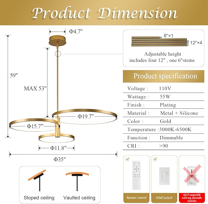 LED Ring Chandelier Modern Gold Chandellier for Dining Room 3-Light Dimmable Pendant Light Kitchen Island Contemporary Flush Mount Chandelier for Bedroom Living Room Dining Table Closet