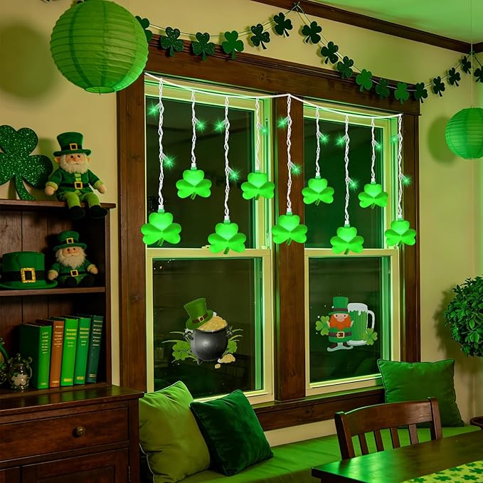 25 LED Green Shamrock Icicle Lights, 6.75FT St. Patricks Day Lights Curtain String Lights with 10 Shamrock & 25 LED Light for Lucky Clover St Patrick's Decorations Indoor Home Window Proch Party Decor