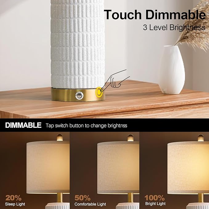 PoKat Touch Bedside Table Lamps with USB Ports for Bedroom, 25'' Dimmable Nightstand Touch Lamps for Night Stands, White Stone-Like Ceramic Lamps with Gold Base for Living Room End Side Table