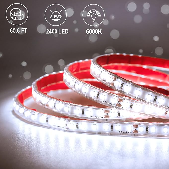 echosari 65.6Ft LED Strip Lights, 6000K Ultra-Bright Strip Lights with Timer Dimmable, 2400 LEDs Flexible Tape Lights Outdoor Waterproof Light Strip for Pool Pathway Balcony Patio (Cool White)