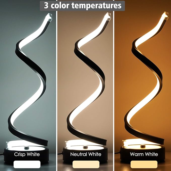 NUÜR Classic Spiral LED Table Lamp Black, Dimmable Metallic Bedside Lamp with Touch Controller, 3 Colour Temperature, 15.8 Inch Height, Contemporary, Decorative Lamp for Home, Living Room & Office