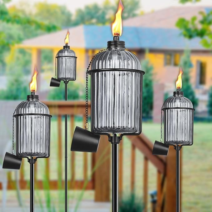 4 Pack Gray Glass Garden Torch, Colorful Outdoor Torch Garden Décor,61-Inch Upgraded Citronella Torches with 3-Prong Grounded Stake, Metal Light Torches for Party Patio Pathway
