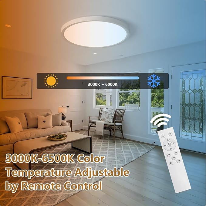 20 Inch Dimmable Large LED Flush Mount Ceiling Light, 43W, 3200LM, 3000K-6500K Stepless CCT, Dimmable with Remote Ceiling Light, Round Flat Panel Fixture for Living Room, Bedroom,Kitchen (White)