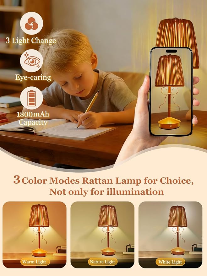 Boho Bow Rattan Table Lamp, Cordless Wicker Woven Vintage Table Lamp - LED Rechargeable Touch Control 3 Color Dimmable Reading Bedside Lamp for Bedroom Living Room Office, Home Outdoor Decor