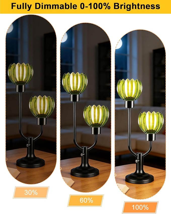 Lightdot Mid Century Modern Glass Table Lamp Black Dimmable U-Shaped Desk Lamps with Green Lotus Glass Shade& 2Pcs 3000K Warmwhite Bulbs Included Bedside Nightstand Lamp for Living Room Bedroom