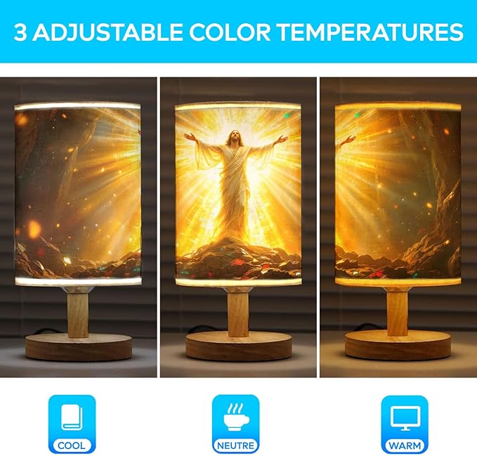 The Resurrection of Jesus Table Lamp LED 3-Color Pressed Bedside, The Resurrection of Jesus Shade Lamp with Wood Base for Bedroom Living Room Desk Office TL01