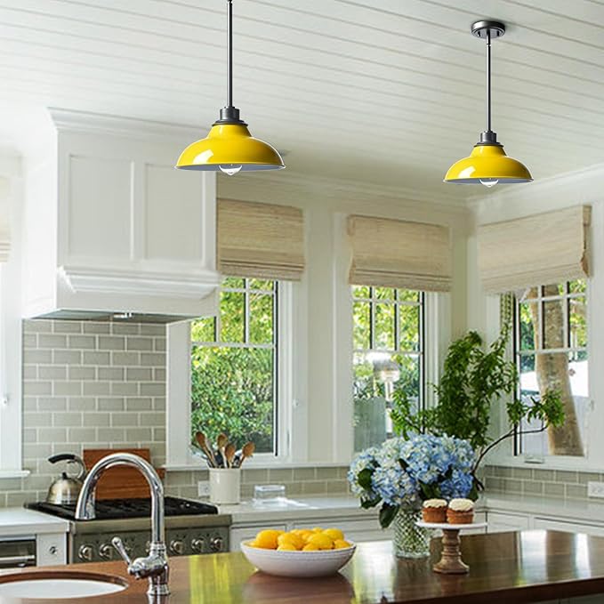 Modern Pendant Light Fixture Yellow Pendant Light Hanging Light Fixture for Kitchen Island Dining Room Bedroom Bar Living Room(Metal Rod)