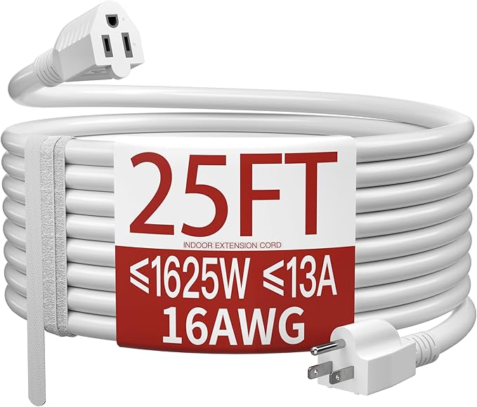 16/3 25 Ft Indoor White Extension Cord, Flexible & Flame Retardant White 3 Prong Power Cord Indoor for Home and Office, 13 Amps 1625 Watts 125 VAC 16AWG, ETL Listed