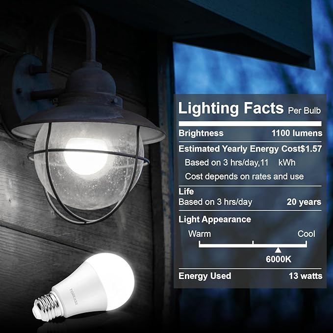 Torkase Outdoor Dusk to Dawn Light Bulbs, Smart Sensor LED Lighting Bulb 13W(100W Equivalent), E26 6000K,6 Pack Built-in Photocell Detector, Automatic On/Off,for Porch Hallway Garage Boundary