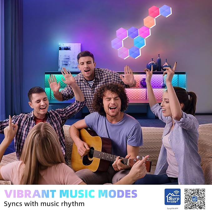 Smart Hexagon Lights DIY Hexagon Led Light App & Remote Controlled & Music Sync Features USB & Type C Modern RGB Wall Panels for Living & Gaming Decor (6Pack)