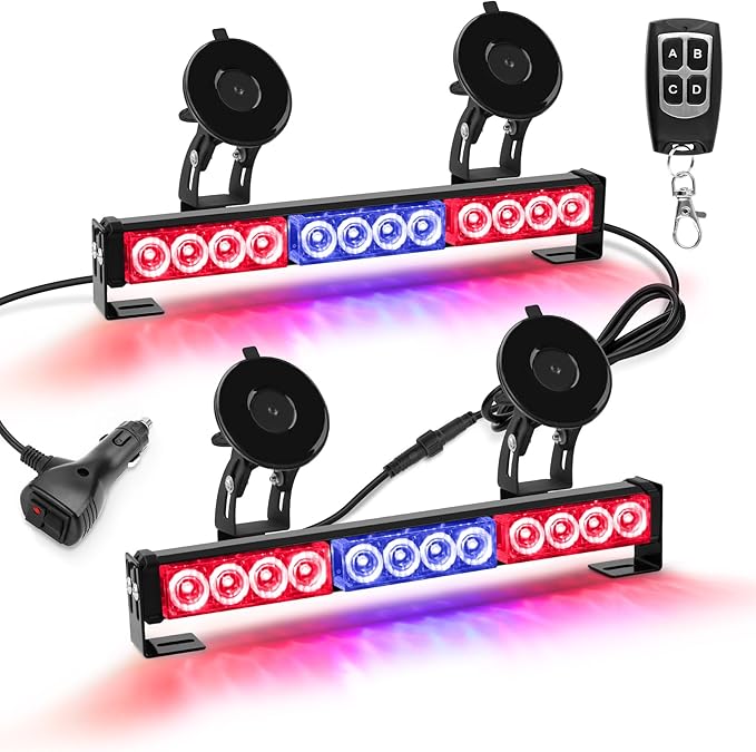 Red and Blue Emergency Police Lights For Vehicle LED Strobe Cop Light Bar For Directional Warning Vehicles Trucks 23 Flash Patterns 2pcs 12.8 inch Wireless Remote Control
