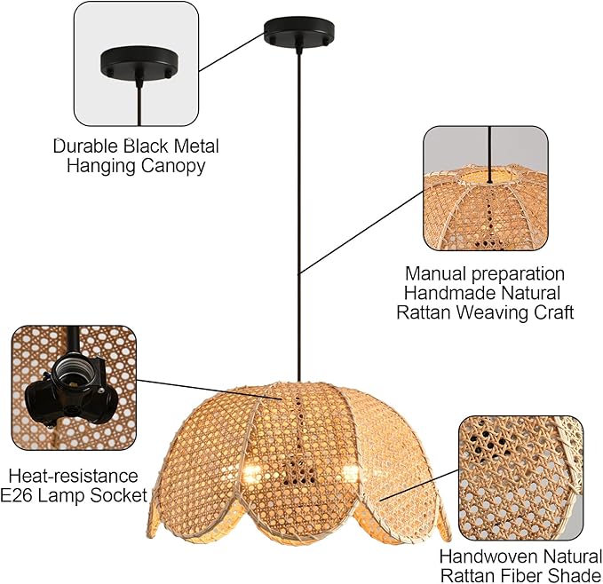 3-Light Rattan Pendant Light Fixtures,18.9" Boho Natural Rattan Hanging Lamp,Hand-Woven Flower Shaped Ceiling Chandelier for Dining Living Bedroom Kitchen Farmhouse