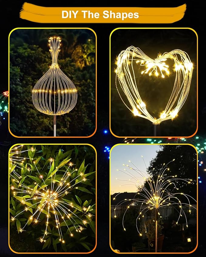Solar Firework Lights Outdoor Waterproof 2Pcs 200 LED with 8 Modes DIY Stake Landscape Light for Outside Garden Yard Pathway Party Decor Christmas Decoration Solar Starburst Lights Warm White