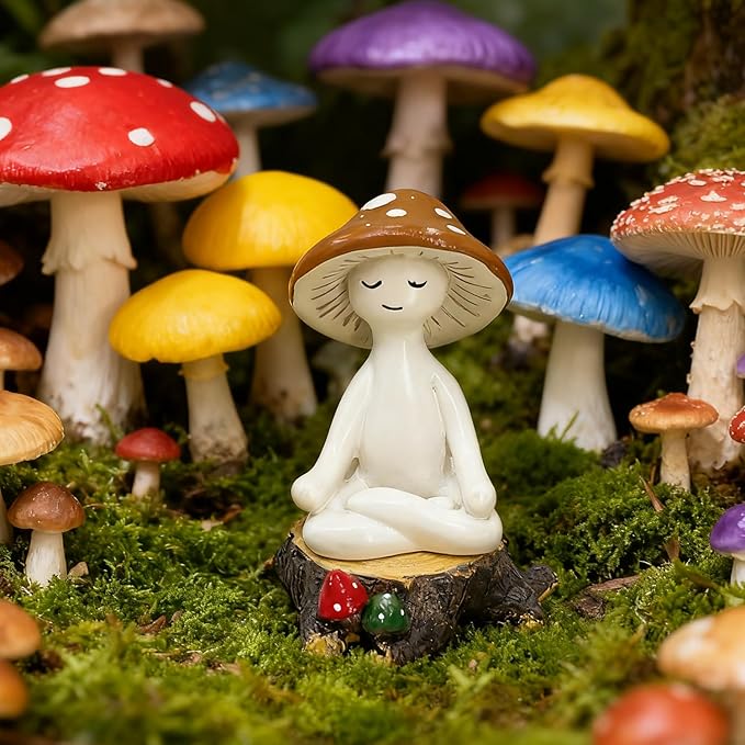 Meditation Mushroom Decor Resin Statue and Stump - Adorable Resin Ornament for Desk, Office, or Garden Display, Mushroom Garden Decoration