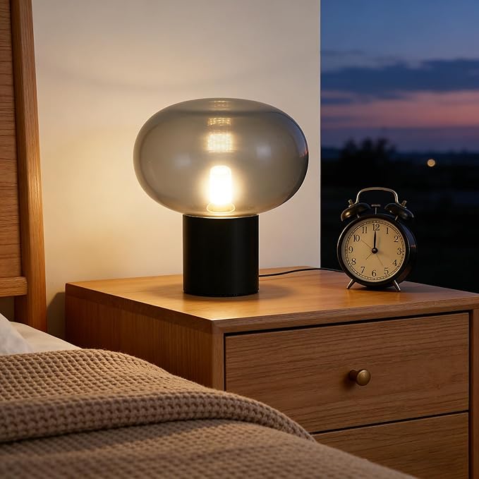 Mushroom Table Lamp Marble Base Glass Shade, Art Deco Bedside Nightstand Lamp for Living Room Bedroom Office, 12W E27 LED Bulb Included - 9''Lx 9.84''H,Illumination Area: 3-5㎡/32-54ft² (Smoky Gray)