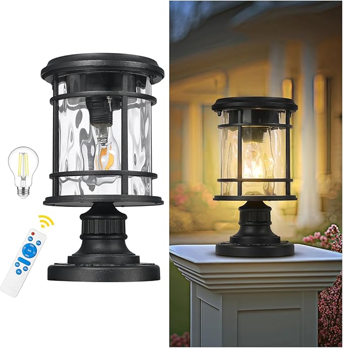 Emliviar Portable Solar Post Light Fixture with Fixed Pire Mount Base, Black 11“ Outside Solar Table Lamp with Remote Control, LED Post Lantern Head with Water Ripple Glass, XE229P-S-ML SL BK
