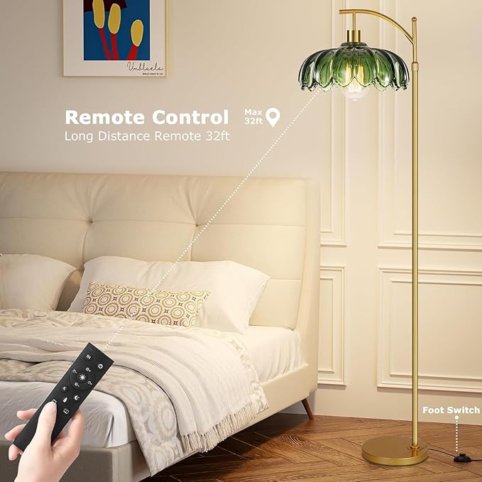 Floor Lamp for Living Room,Bedroom,Mid Century Modern Standing Lamp with Remote,Dimmable Gold Tall Lamp Glass Green Vintage Retro Arc Flower Floor Light Boho Bohemian