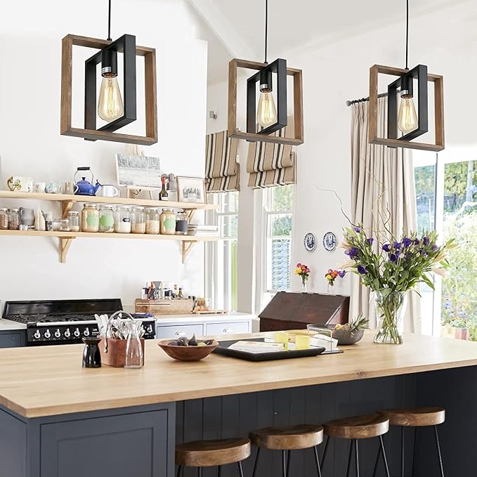 Farmhouse Pendant Light Fixture, Black Pendant Lights for Kitchen Island Industrial Lantern Pendant Light Fixtures with Light Shade, Adjustable Height Hanging Pendant Lighting